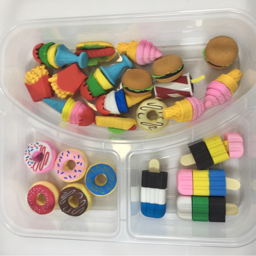 Novelty Erasers Lot of 25 Colorful Mini Food Eraser Set Pink, Yellow, Blue,Brown